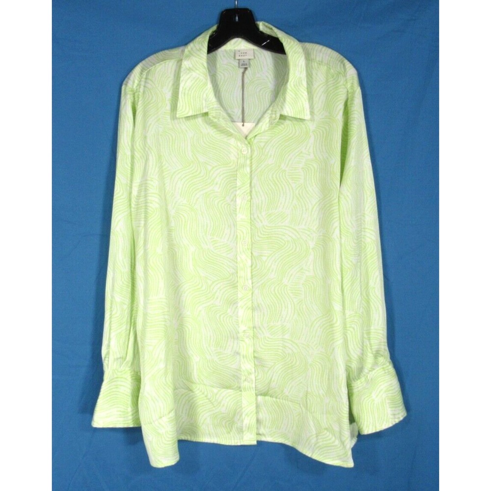 NWT A NEW DAY Green/White STRIPE PRINT Satin SLIT HEM Button-Up BLOUSE TOP Sz L